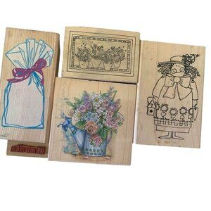 Wood Mounted Rubber Stamps Botanicals Flowers & Folk Art Set Craft Supplies